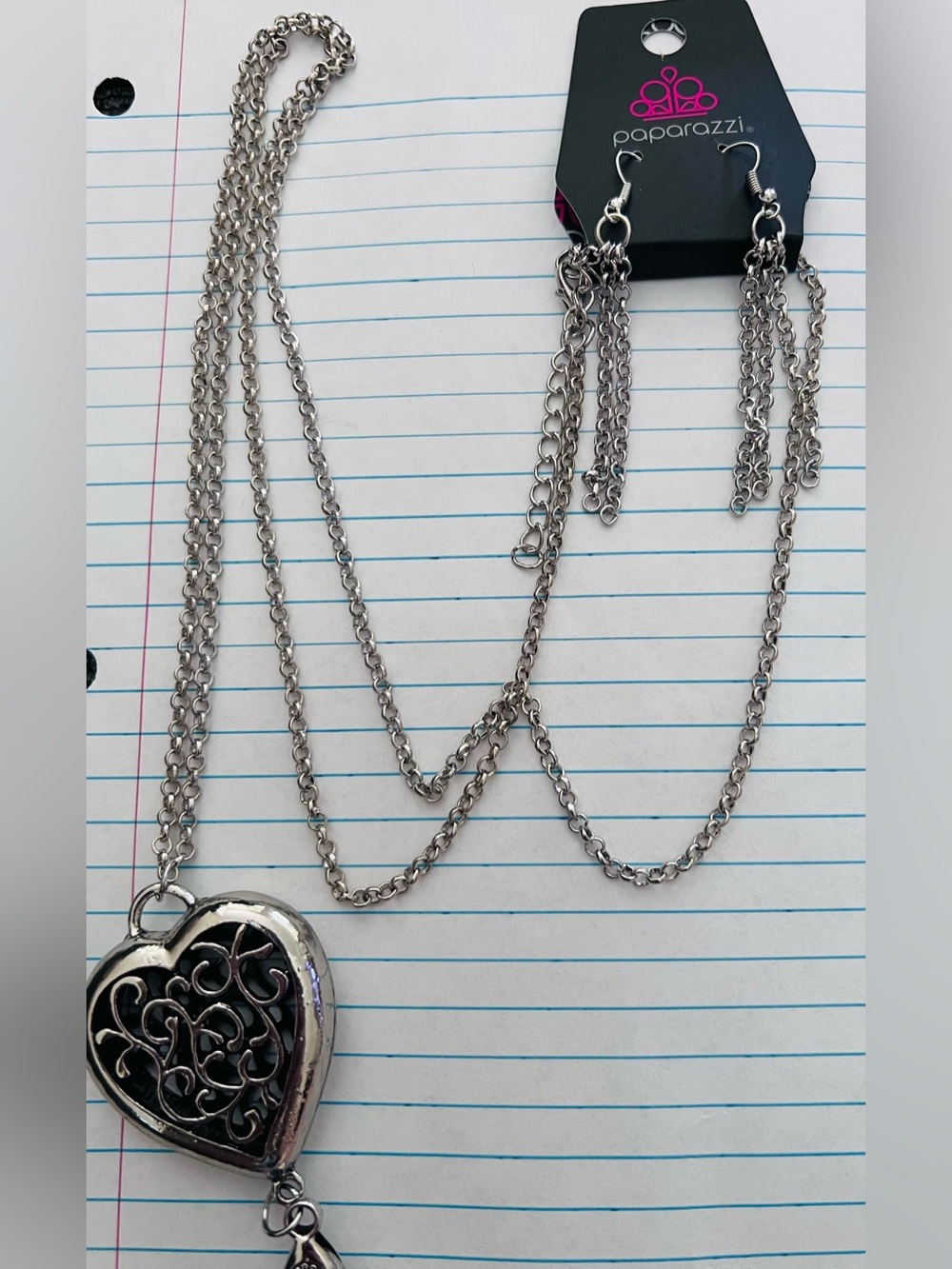 Paparazzi Silver Heart Lanyard Necklace and Earrings Set